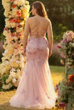 Blush Mermaid Corset Beaded Long Plus Size Prom Dress with Sequins