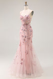Blush Mermaid Corset Appliqued Long Prom Dress with Beading