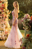 Sparkly Blush Floral Mermaid Sequins Long Corset Formal Dress