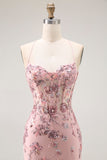 Sparkly Blush Floral Mermaid Sequins Long Corset Formal Dress