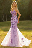 Purple Mermaid Sheer Corset Beaded Sequin Long Prom Dress with Lace Up Back
