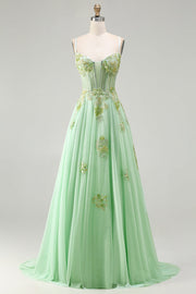 Green A Line Appliqued Beaded Long Corset Formal Dress