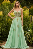 Green A Line Beaded Corset Lace Up Back Long Prom Dress with Sequins