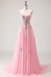 Pink Appliqued A Line Corset Sequins Long Beaded Formal Dress