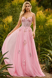 Pink Beaded A Line Corset Sequin Long Prom Dress with Lace Up Back