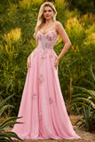 Pink Beaded A Line Corset Sequin Long Prom Dress with Lace Up Back