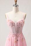 Pink A Line Corset Beaded Sequins Appliqued Long Prom Dress with Lace Up Back