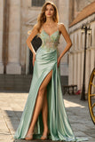 Green Mermaid Beaded Corset Satin Long Prom Dress with Side Drape