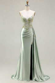 Sparkly Green Satin Mermaid Beaded Appliqued Long Corset Formal Dress with Slit