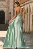 Green Mermaid Beaded Corset Satin Long Prom Dress with Side Drape
