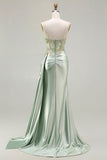 Green Mermaid Beaded Corset Satin Long Prom Dress with Side Drape