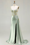 Green Mermaid Beaded Corset Appliqued Satin Long Prom Dress with Slit