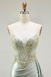Green Mermaid Beaded Corset Appliqued Satin Long Prom Dress with Slit