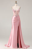 Pink Mermaid Beaded Corset Satin Long Prom Dress with Side Drape