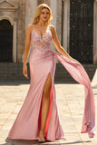 Pink Mermaid Beaded Corset Satin Long Prom Dress with Side Drape