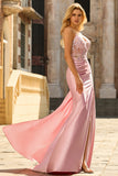 Pink Mermaid Beaded Corset Satin Long Prom Dress with Side Drape