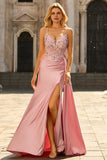 Pink Mermaid Beaded Corset Satin Long Prom Dress with Side Drape