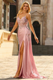Pink Mermaid Beaded Corset Satin Long Prom Dress with Side Drape