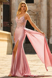 Pink Mermaid Beaded Corset Satin Long Prom Dress with Side Drape