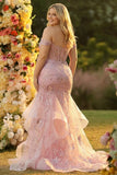 Off the Shoulder Blush Mermaid Beaded Corset Long Plus Size Prom Dress with Ruffles