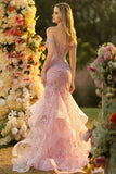 Off the Shoulder Blush Mermaid Beaded Appliqued Corset Long Prom Dress with Ruffles