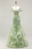 Off the Shoulder Green Mermaid Beaded Appliqued Corset Long Prom Dress with Ruffles