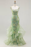Off the Shoulder Green Mermaid Beaded Appliqued Corset Long Prom Dress with Ruffles
