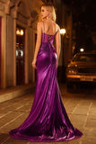 Sparkly Golden Mermaid Beaded Corset Lace Up Back Long Prom Dress with Slit