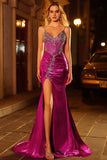 Dark Purple Mermaid Beaded Corset Long Prom Dress with Slit