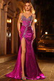 Sparkly Golden Mermaid Beaded Corset Lace Up Back Long Prom Dress with Slit