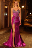 Sparkly Golden Mermaid Beaded Corset Lace Up Back Long Prom Dress with Slit
