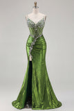 Sparkly Golden Mermaid Beaded Corset Lace Up Back Long Prom Dress with Slit