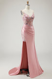 Blush Mermaid Spaghetti Straps Satin Sheer Corset Sequin Long Prom Dress with Slit