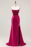 Burgundy Mermaid Strapless Corset Beaded Sequin Long Prom Dress with Slit