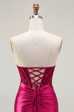 Burgundy Mermaid Strapless Corset Beaded Sequin Long Prom Dress with Slit