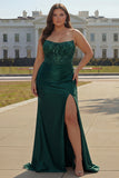 Dark Green Mermaid Strapless Corset Beaded Sequin Long Prom Dress with Slit