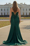 Dark Green Mermaid Strapless Corset Beaded Sequin Long Prom Dress with Slit