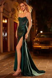 Dark Green Mermaid Strapless Corset Beaded Sequin Long Prom Dress with Slit