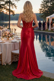 Sparkly Red Mermaid Appliqued Corset Satin Long Formal Dress with Slit