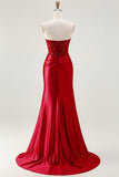 Red Mermaid Strapless Appliqued Corset Beaded Long Prom Dress with Slit