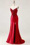 Red Mermaid Strapless Appliqued Corset Beaded Long Prom Dress with Slit