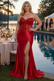 Sparkly Red Mermaid Appliqued Corset Satin Long Formal Dress with Slit