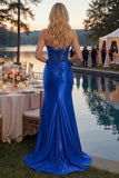 Sparkly Red Mermaid Appliqued Corset Satin Long Formal Dress with Slit