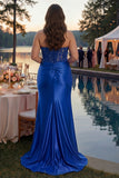Sparkly Red Mermaid Appliqued Corset Satin Long Formal Dress with Slit