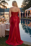 Sparkly Red Mermaid Appliqued Corset Satin Long Formal Dress with Slit