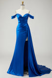 Mermaid Off the Shoulder Beaded Pleated Satin Royal Blue Long Prom Dress with Slit