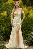 Yellow Off The Shoulder Sequins Mermaid Long Prom Dress with Slit