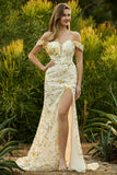 Yellow Off The Shoulder Sequins Mermaid Long Prom Dress with Slit