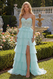 Green A Line Strapless Corset Beaded Tiered Long Prom Dress with Lace