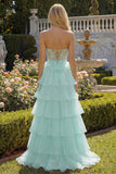Green A Line Strapless Corset Beaded Tiered Long Prom Dress with Lace
